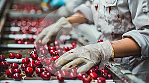 Quality control process in food industry, worker inspecting fresh cherries on conveyor belt