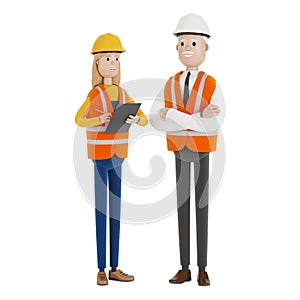 Quality control, production inspection. A civil engineer tells a female inspector about the work done.