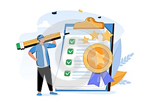 Quality Control, QC to check quality and giving certified or approval, process to assure excellence product and service photo