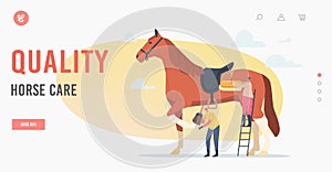 Quality Horse Care Landing Page Template. Stableman Characters Care of Horse Cleaning Skin and Hooves with Brush