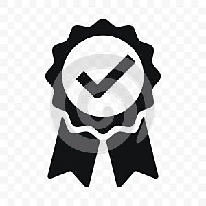 Quality icon certified check mark ribbon label. Vector premium product certified or best choice recommended award and warranty photo