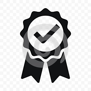 Quality icon certified check mark ribbon label. Vector premium product certified or best choice recommended award and warranty
