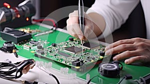 Quality Inspector an individual examining electronics for defects with a testing equipment