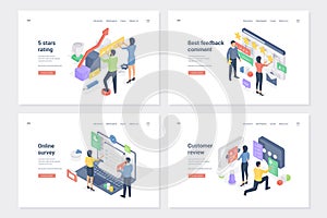 Quality internet service items isometric landing page templates set