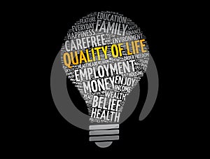 Quality of life light bulb word cloud collage, concept background