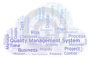 Quality Management System word cloud, made with text only.