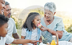 Quality over quantity. a senior woman feeding her grand daughter some watermelon at a picnic.