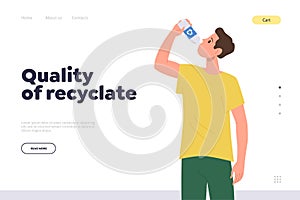 Quality of recyclate concept for landing page template with boy drinking water from recycled glass