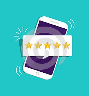 Quality stars rating. Customer review with gold star icon in mobile. 5 stars assessment of customer in flat style. Feedback