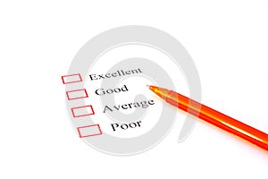 Quality survey form with pen showing marketing