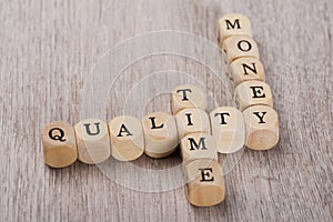 Quality; time and money cubes arranged on table