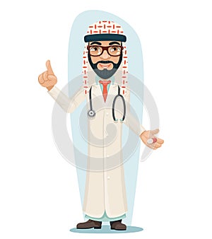 Quality Treatment Arab Keffiyeh Traditional National Muslim Clothes Male Doctor with Pill Medicine Hand Forefinger up