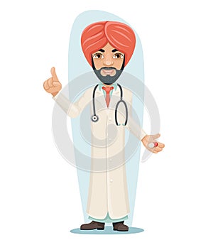 Quality Treatment Turban Arab Male Serious Experienced Doctor with Pill Medicine in Hand Forefinger up Advice Preaching