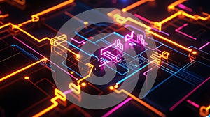 Quantum circuit solving linear systems, Hhl algorithm steps highlighted in vibrant neon