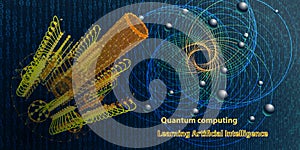Quantum computer. Abstract physics  background concept with qubit. Learning artificial intelligence element. Cryptography