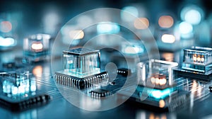 Quantum Computer Chips Illuminate a Clean Blue Environment Showcasing Advanced Technology and Innovation in Computing