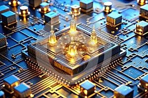 Quantum Computer Circuit Close-Up. A close-up view of intricate quantum computer circuits illuminated by blue and gold lights. AI