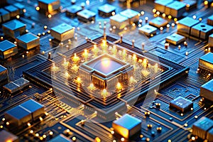 Quantum Computer Circuit Close-Up. A close-up view of intricate quantum computer circuits illuminated by blue and gold lights. AI