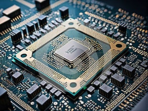Quantum computer concept with CPU Processor quantum qubit intelligent computing generative AI