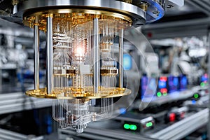 Quantum computer core in advanced research facility showcasing modern technology