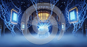 Quantum computer core with cryogenic cooling.