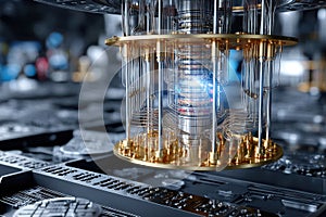 Quantum computer core in futuristic laboratory setting showcasing advanced technology and design