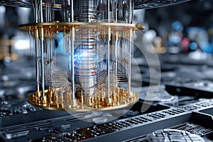 Quantum computer core in futuristic laboratory setting showcasing advanced technology and design