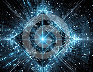 Quantum computer doing complex data processing. Concept of future technology