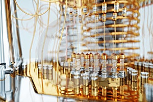 Quantum computer, gold silver mechanism close-up, soft focus. Mechanism, quantum computing, quantum cryptography, steampunk, Q