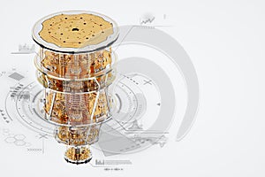 Quantum computer, gold silver mechanism isolated on white background. Mechanism, quantum computing, quantum cryptography,