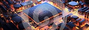 Quantum computer, large data processing, database concept. CPU isometric banner. Central Computer Processors CPU concept
