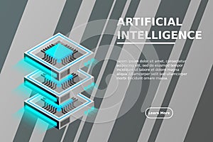 Quantum computer, large data processing, server room, artificial intelligence, data base concept
