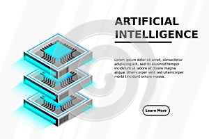 Quantum computer, large data processing, server room, artificial intelligence, data base concept