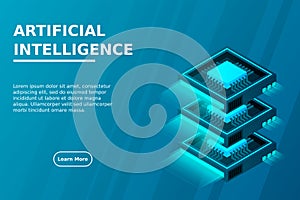 Quantum computer, large data processing, server room, artificial intelligence, data base concept
