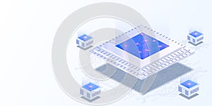 Quantum computer, large data processing, server room, data base concept. Futuristic CPU. Quantum processor in the global