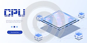 Quantum computer, large data processing, server room, data base concept. Futuristic CPU. Quantum processor in the global