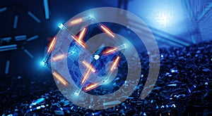 Quantum computer. Machine Learning. Network structure of technology. Blockchain technology concept. Digital background. Neural