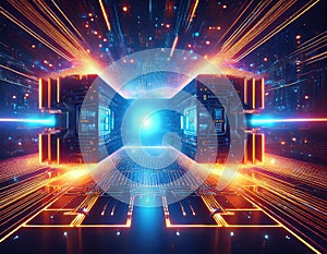 Quantum computer processing big data with futuristic cpu and light beams