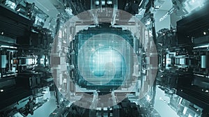 Quantum computer processing data in futuristic server room