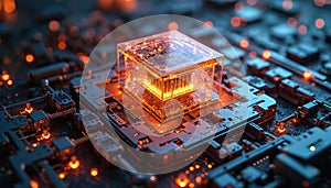 Quantum computer processor with circuit board. Quantum computing system, machine learning, data processing, futuristic