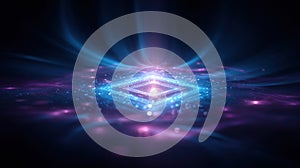 Quantum Computer Processor Surrounded by Light Particles and Laser Beams in an Advanced Cybersecurity Concept