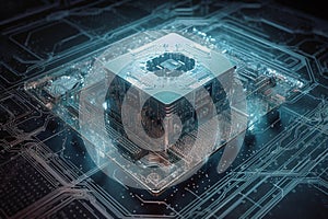 Quantum computer, with qubits changing state, achieving quantum supremacy. Conceptual illustration. Generative AI