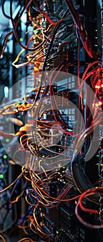 A quantum computer in a research lab with advanced cooling systems and tangled wires