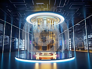 a quantum computers in server room showcasing advanced technology, representing technology for future trends