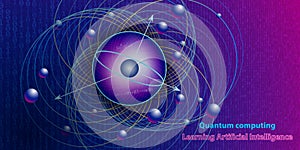 Quantum computing abstract physics background concept with qubit. Learning artificial intelligence element. Cryptography