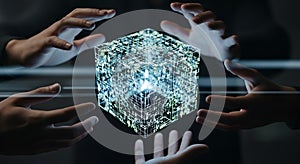 Quantum computing ai artificial intelligence technology innovation future data cube hands