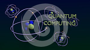 Quantum computing concept green and blue molecules on dark background