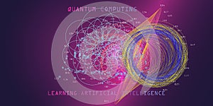 Quantum computing concept. Learning artificial intelligence infographic vector illustrations. Algorithms visualization for