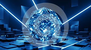 Futuristic Digital Technology Data Concept. Blue Blockchain Quantum Computing Circuit Cube Background.