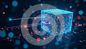 Quantum Computing, Futuristic Technology, Data Cube with Glowing Digital Network photo
